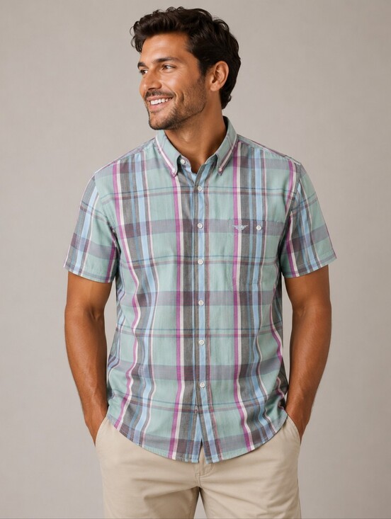 Dockers Other - Dockers Mens Large Short Sleeve Plaid Button Down Shirt Cotton Teal Pink Blue